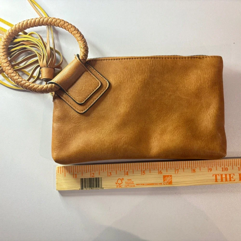 Tan Vegan Leather Tassel Clutch Braided Ring Handle Wristlet Boho Bag